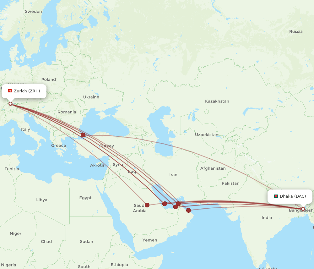 Zurich - Dhaka route map and flight paths