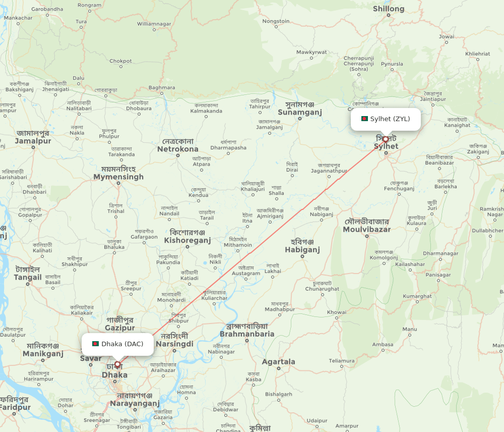 DAC to ZYL flights and routes map