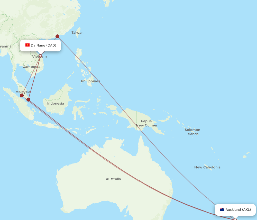 DAD to AKL flights and routes map