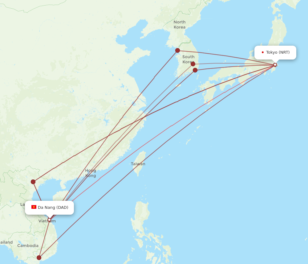DAD to NRT flights and routes map