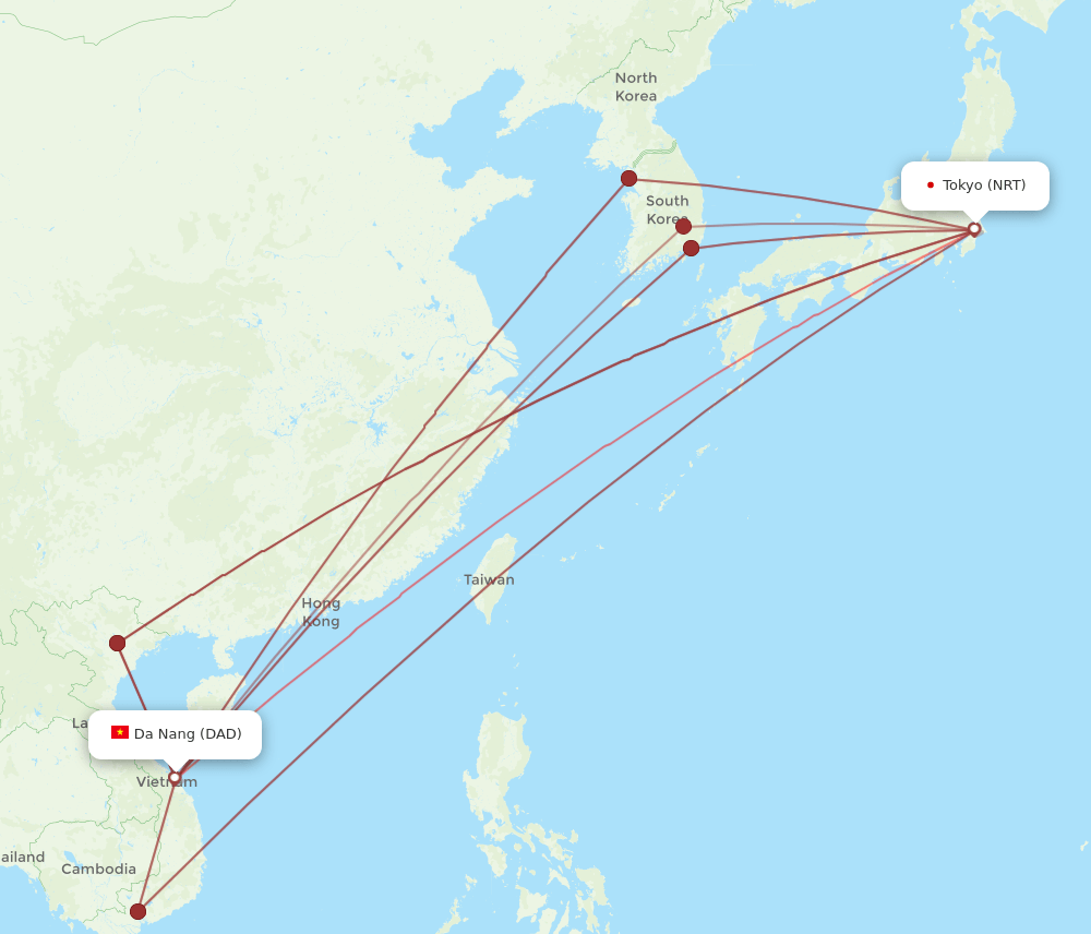 DAD-NRT flight routes