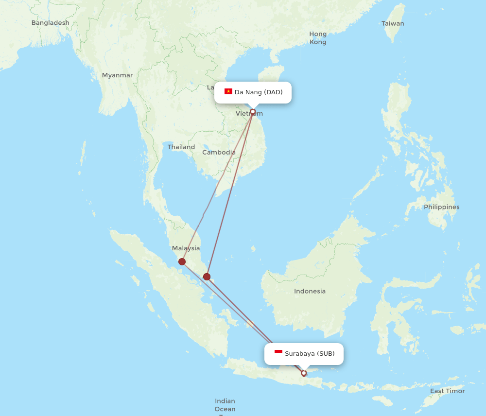 Surabaya - Da Nang route map and flight paths