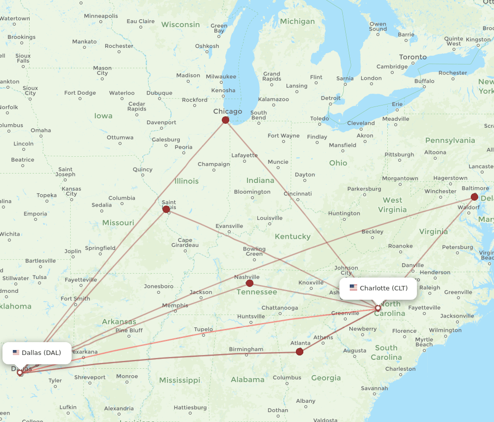 DAL-CLT flight routes