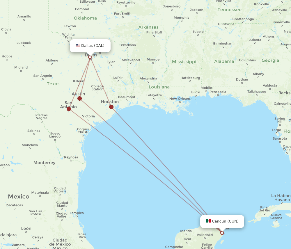 DAL to CUN flights and routes map