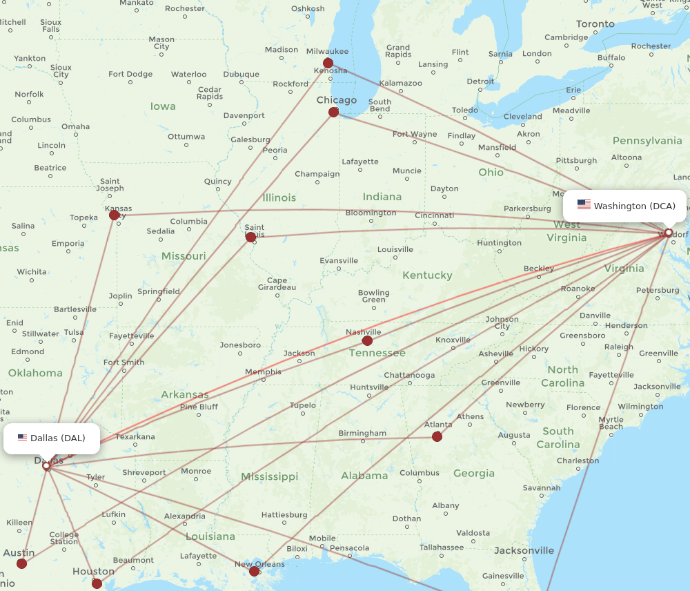 DAL to DCA flights and routes map