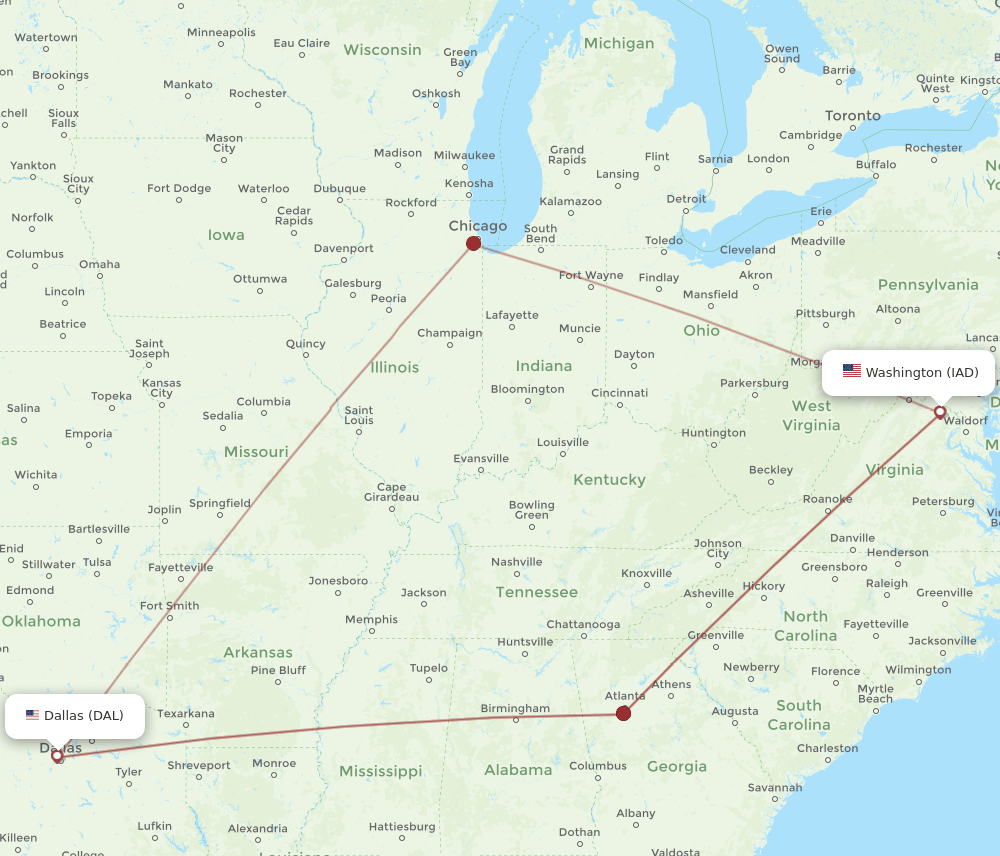 DAL-IAD flight routes