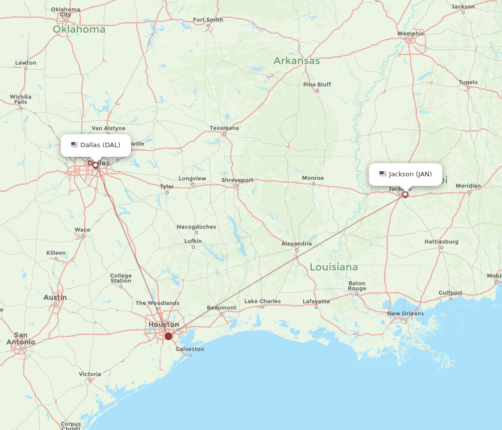 DAL to JAN flights and routes map