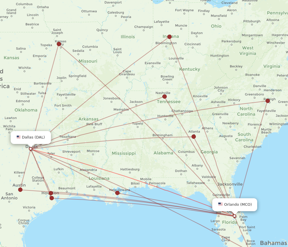 DAL to MCO flights and routes map