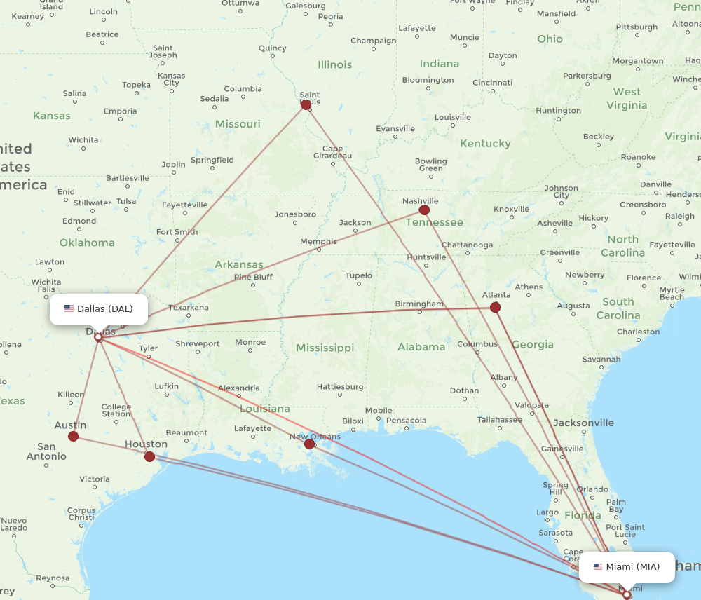 DAL to MIA flights and routes map