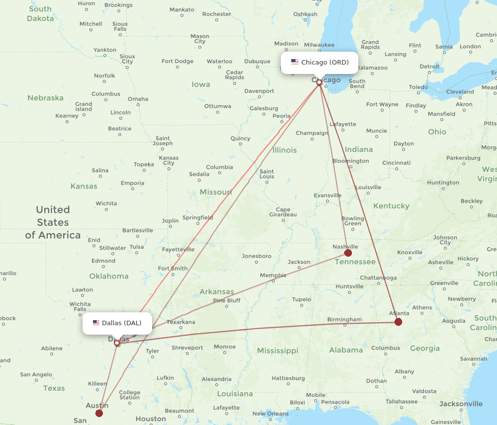 DAL to ORD flights and routes map