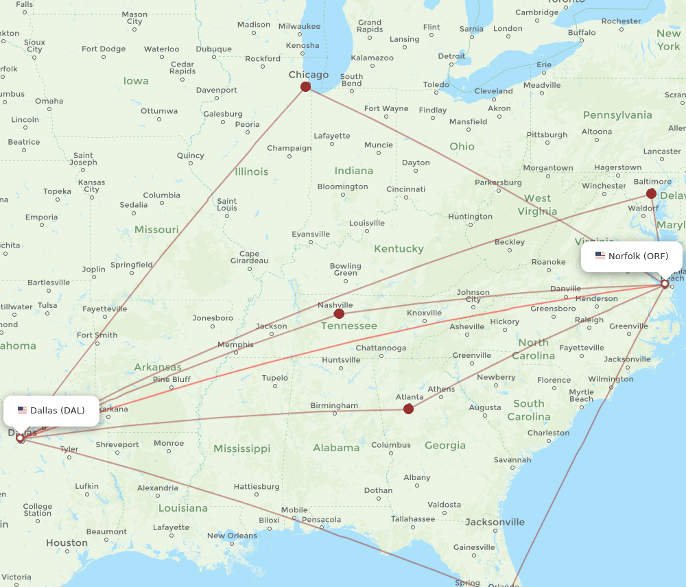 DAL-ORF flight routes