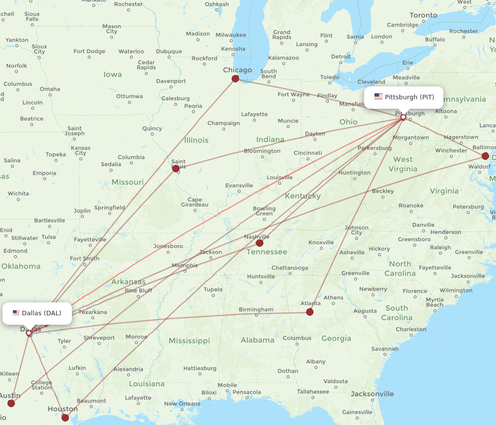 DAL-PIT flight routes