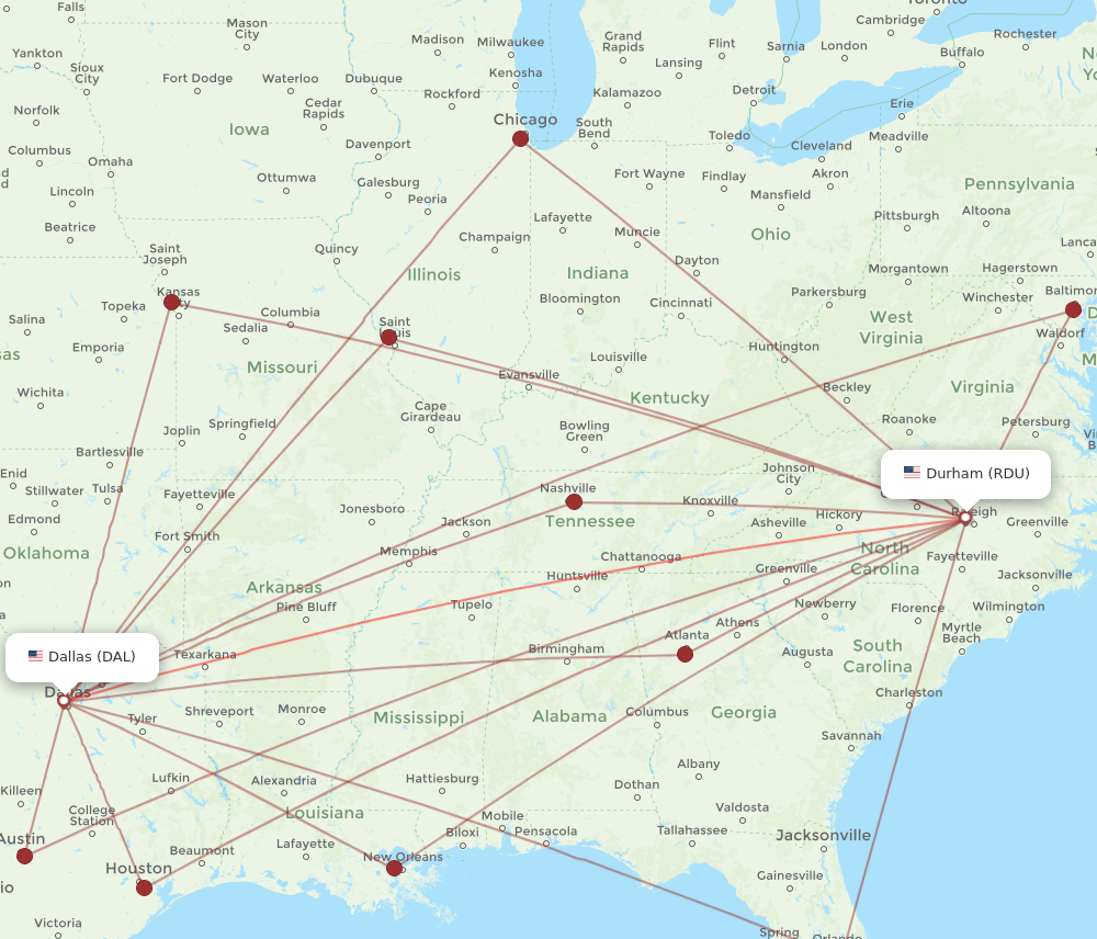 DAL-RDU flight routes