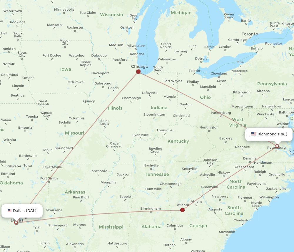 DAL-RIC flight routes