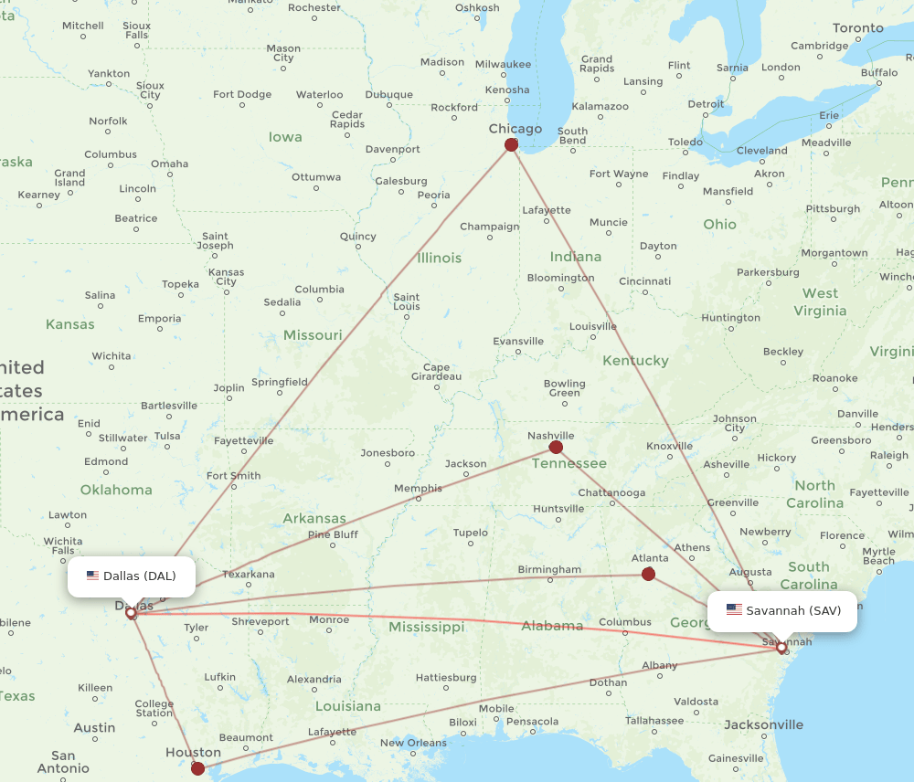 DAL to SAV flights and routes map