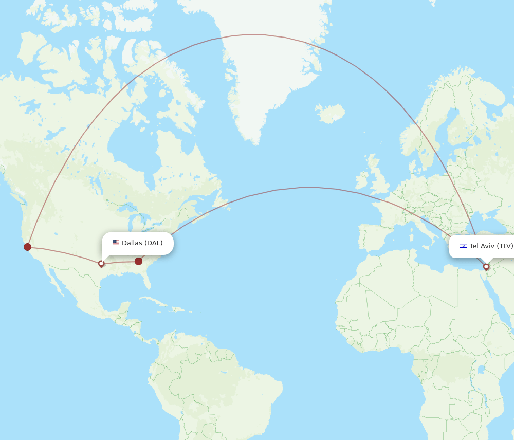 Dallas - Tel Aviv-Yafo route map and flight paths