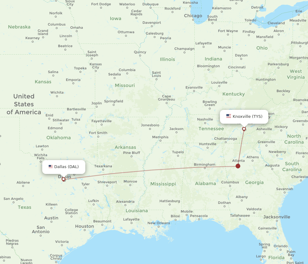 DAL to TYS flights and routes map