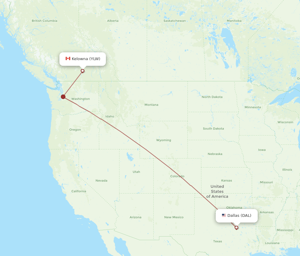 Kelowna - Dallas route map and flight paths