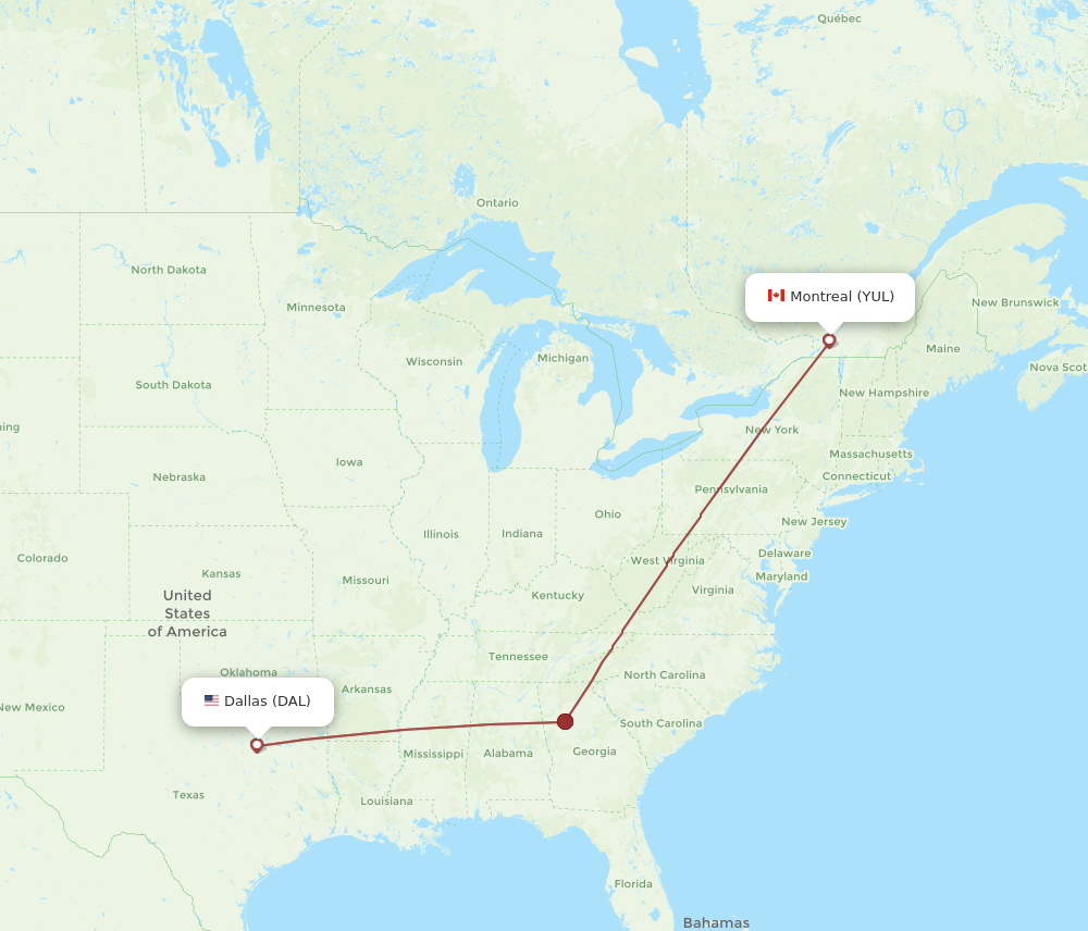 DAL to YUL flights and routes map