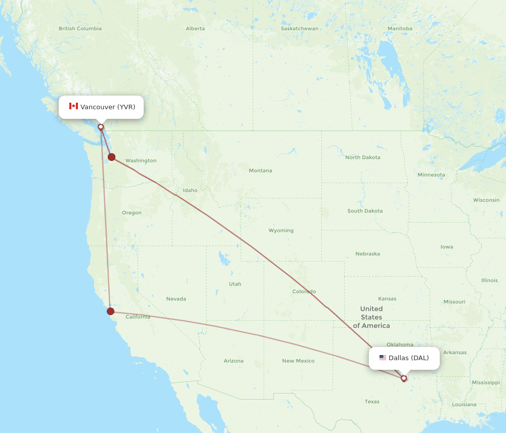 YVR to DAL flights and routes map