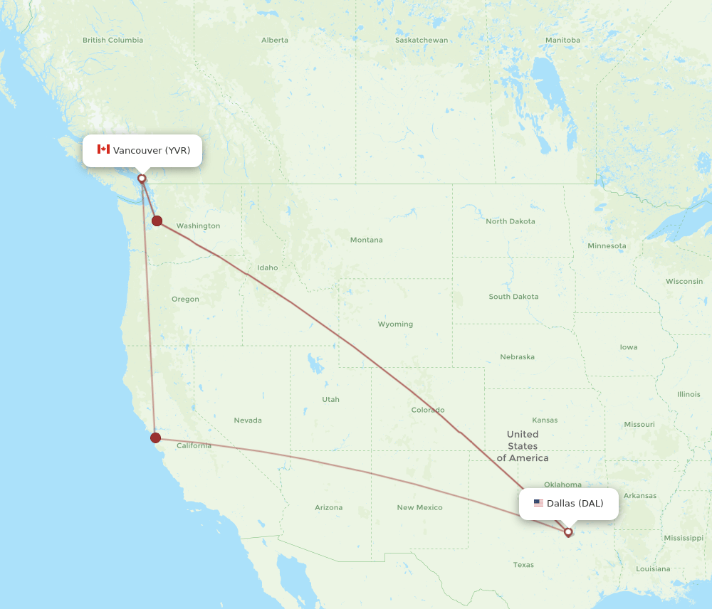 Vancouver - Dallas route map and flight paths