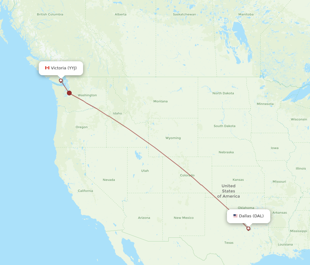 YYJ to DAL flights and routes map