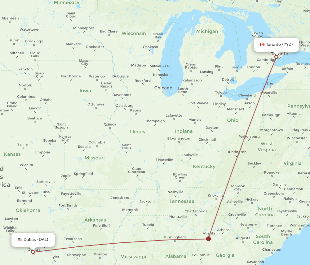 DAL to YYZ flights and routes map