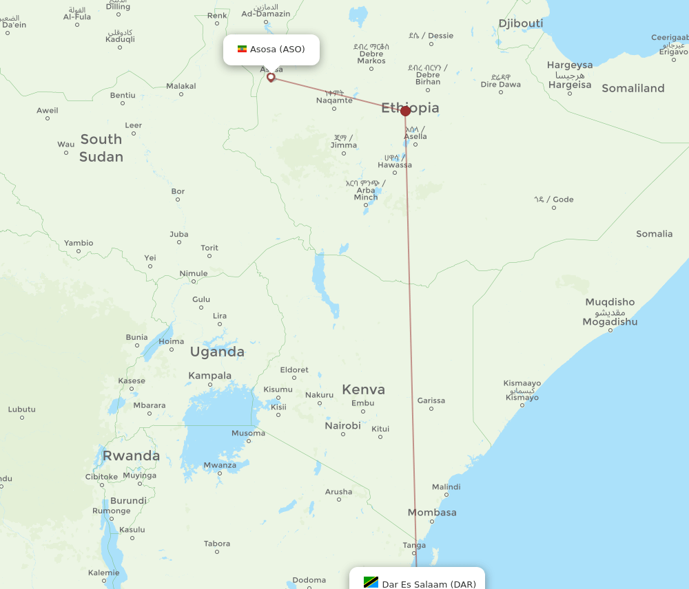 Asosa - Dar Es Salaam route map and flight paths