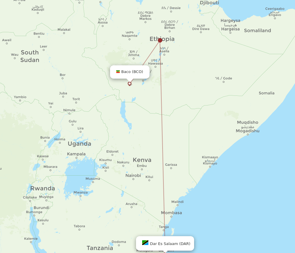 Jinka - Dar Es Salaam route map and flight paths