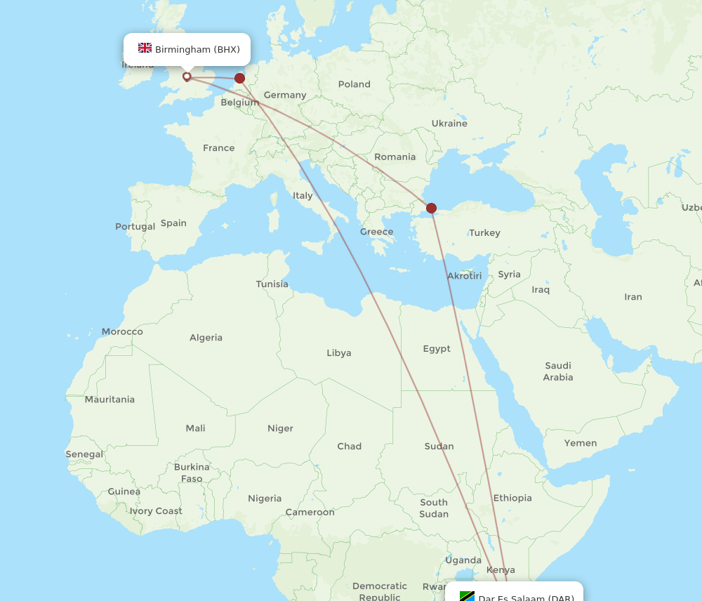 DAR-BHX flight routes
