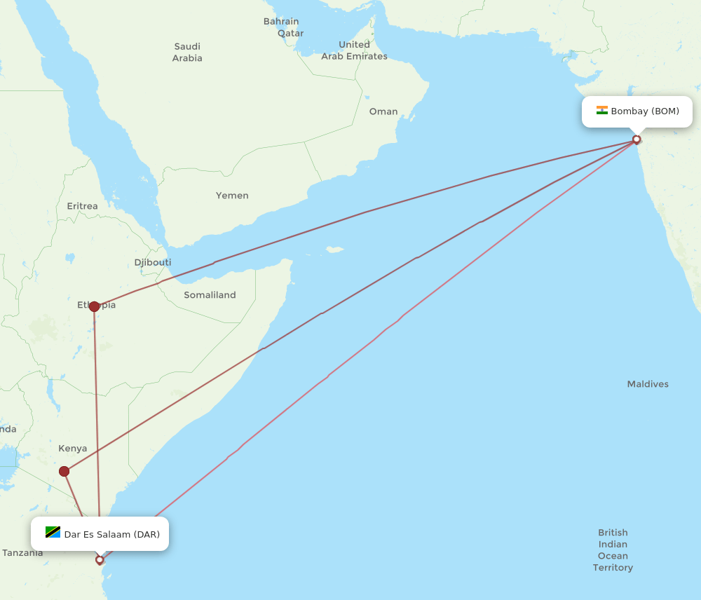 DAR-BOM flight routes