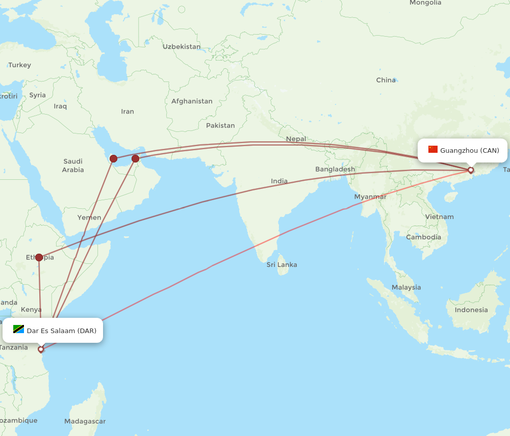DAR to CAN flights and routes map