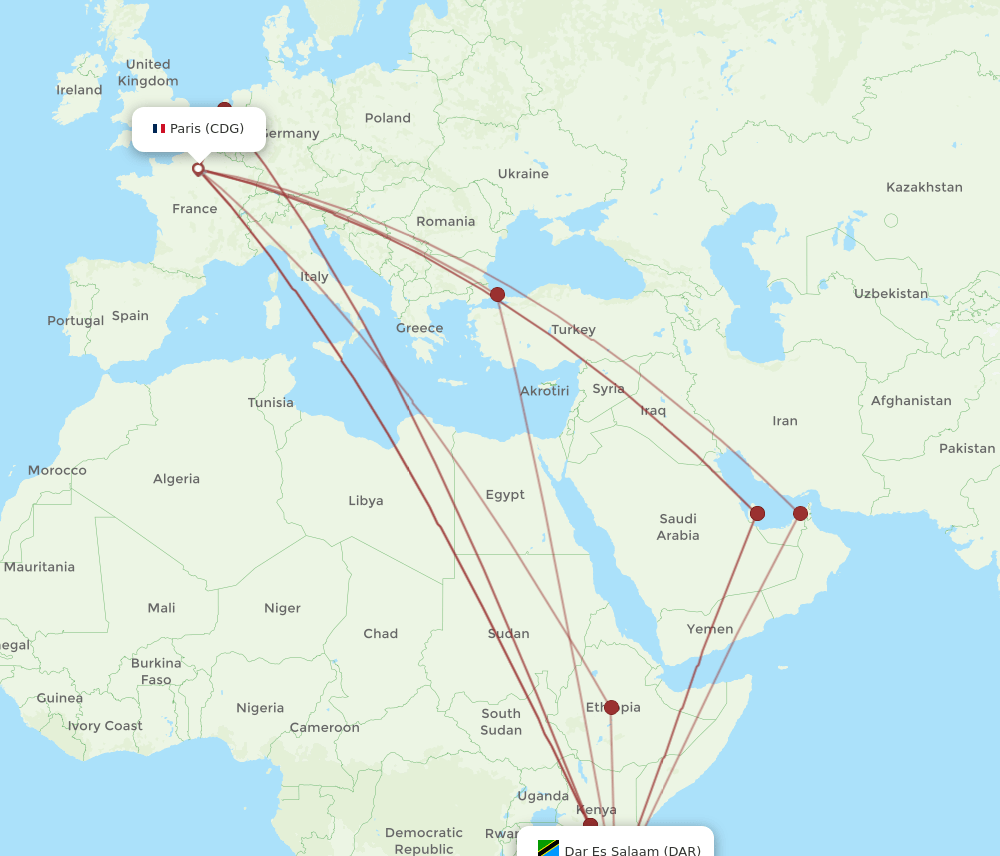 DAR-CDG flight routes