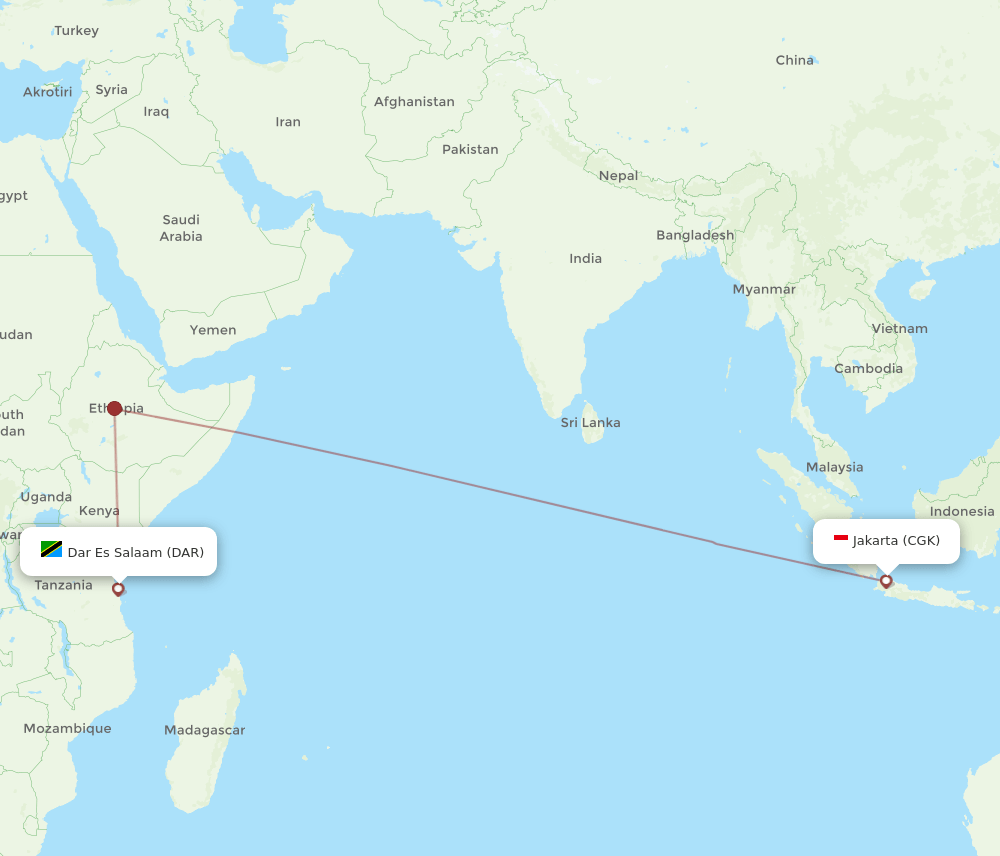 Jakarta - Dar Es Salaam route map and flight paths