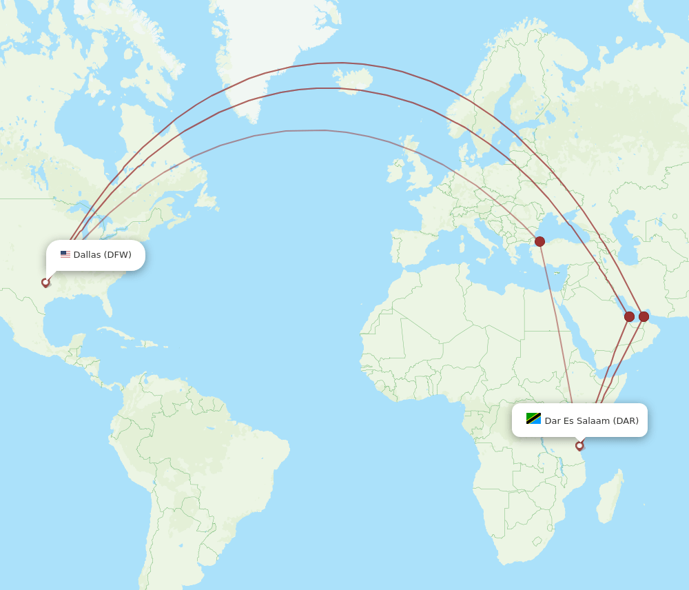 DAR to DFW flights and routes map