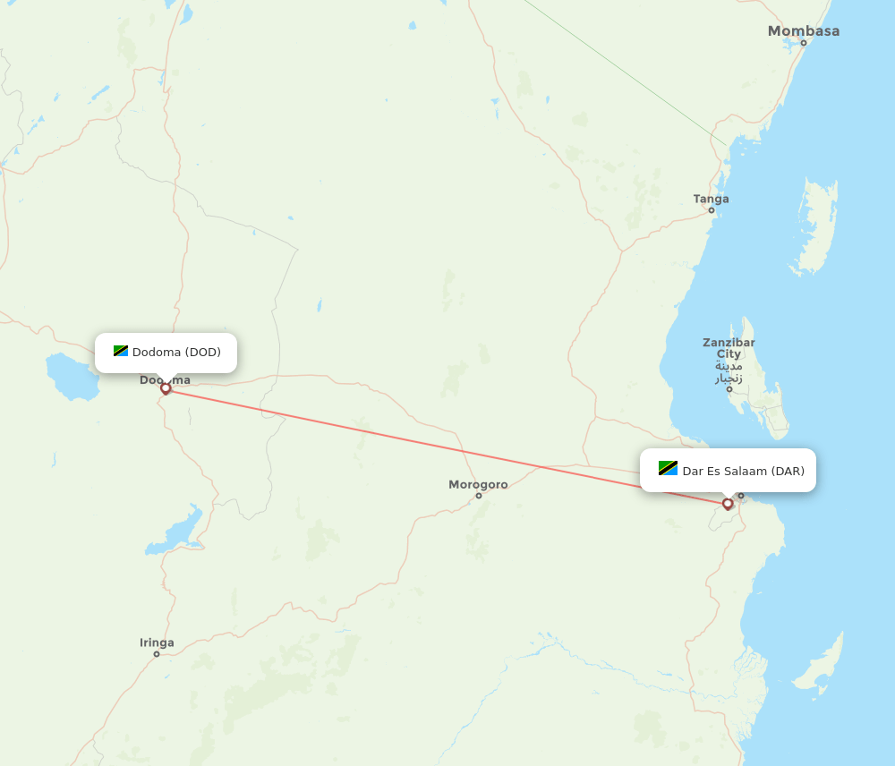 Dar Es Salaam - Dodoma route map and flight paths