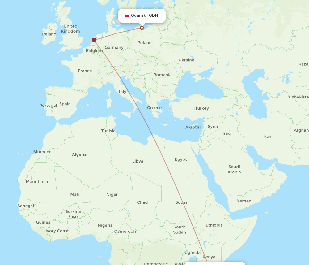 Gdansk - Dar Es Salaam route map and flight paths