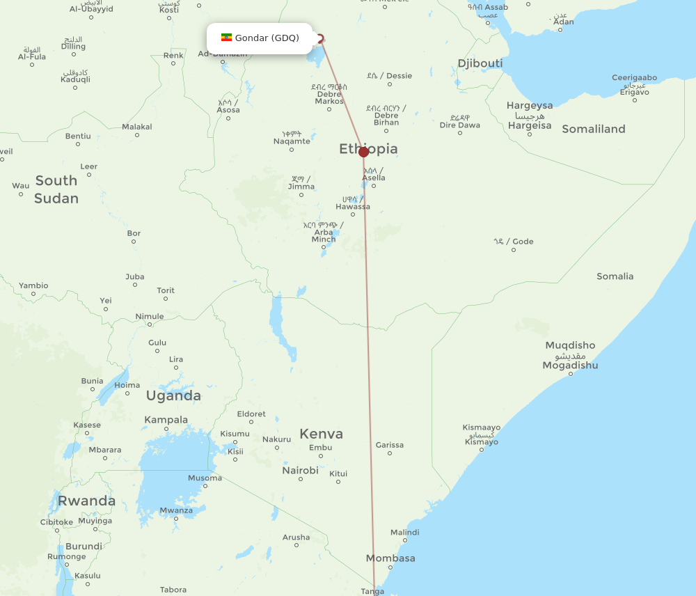 Gondar - Dar Es Salaam route map and flight paths