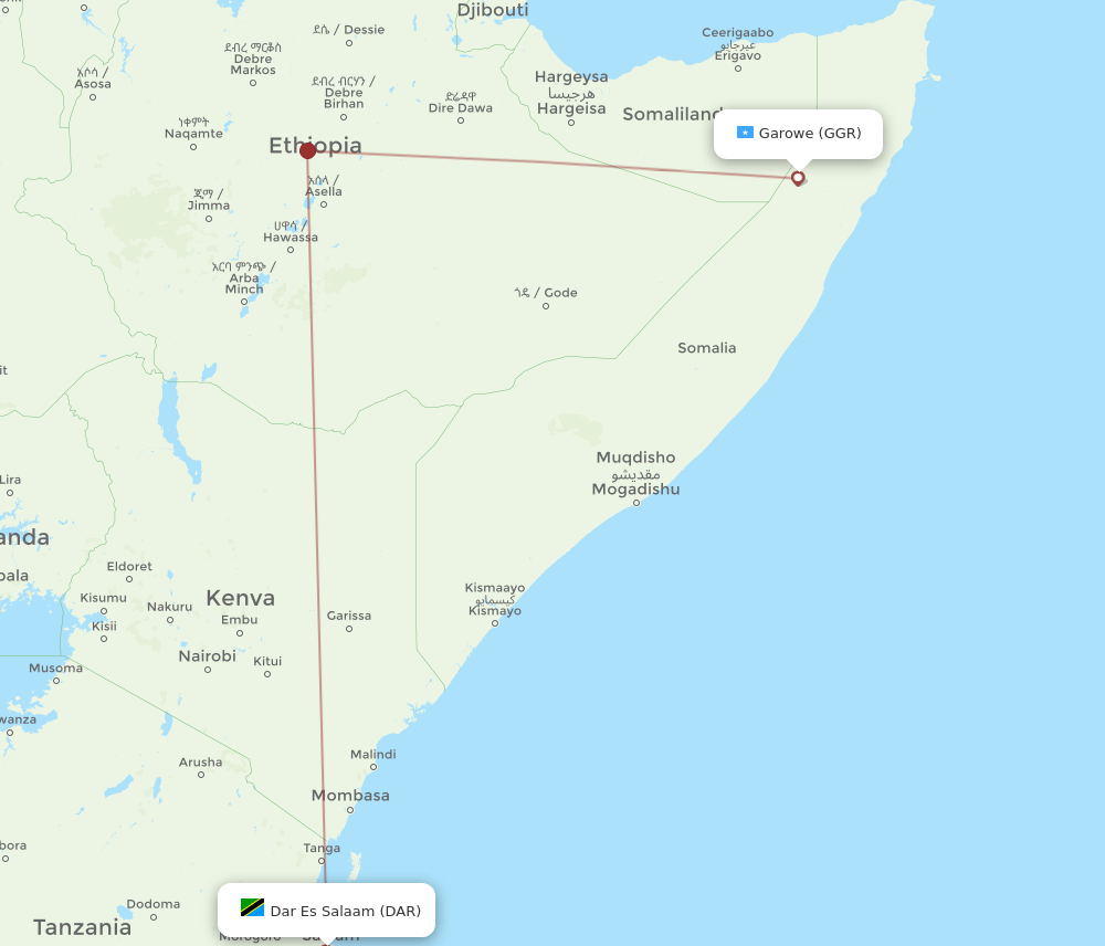 Garowe - Dar Es Salaam route map and flight paths