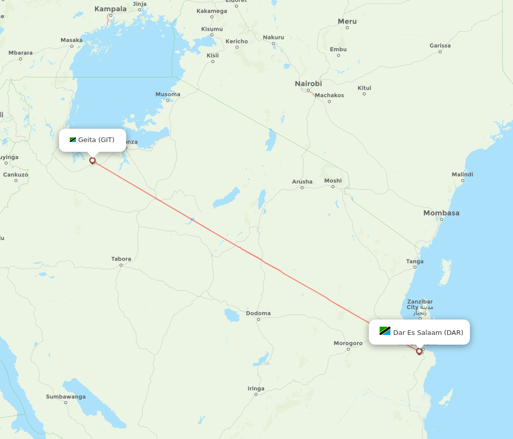 DAR to GIT flights and routes map