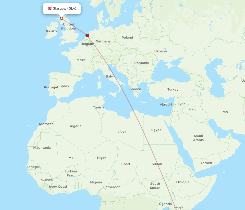 Glasgow - Dar Es Salaam route map and flight paths