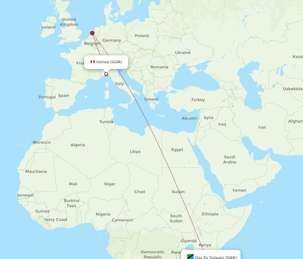Genoa - Dar Es Salaam route map and flight paths