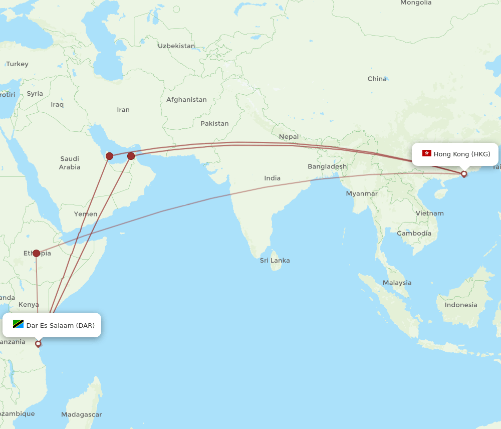DAR to HKG flights and routes map