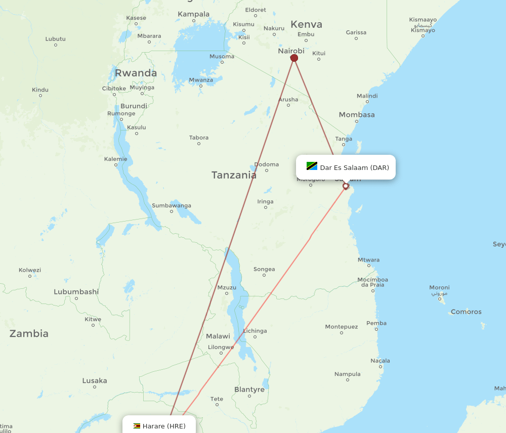 DAR to HRE flights and routes map