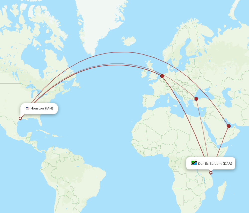 DAR to IAH flights and routes map
