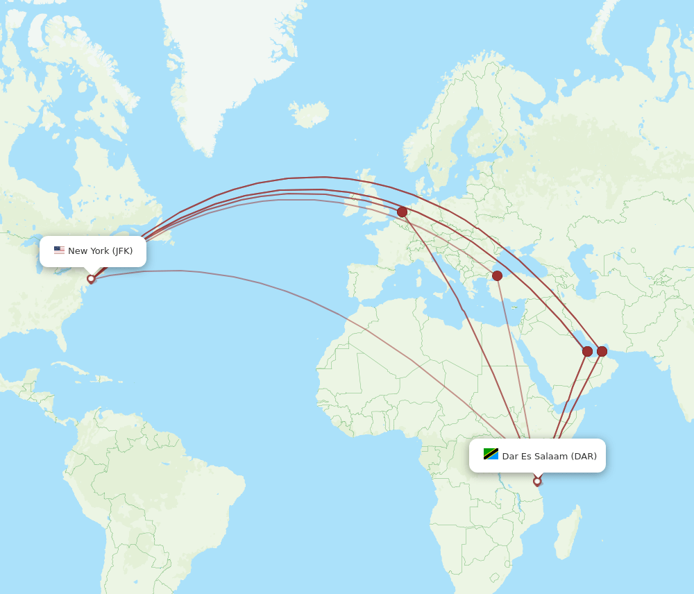 DAR to JFK flights and routes map