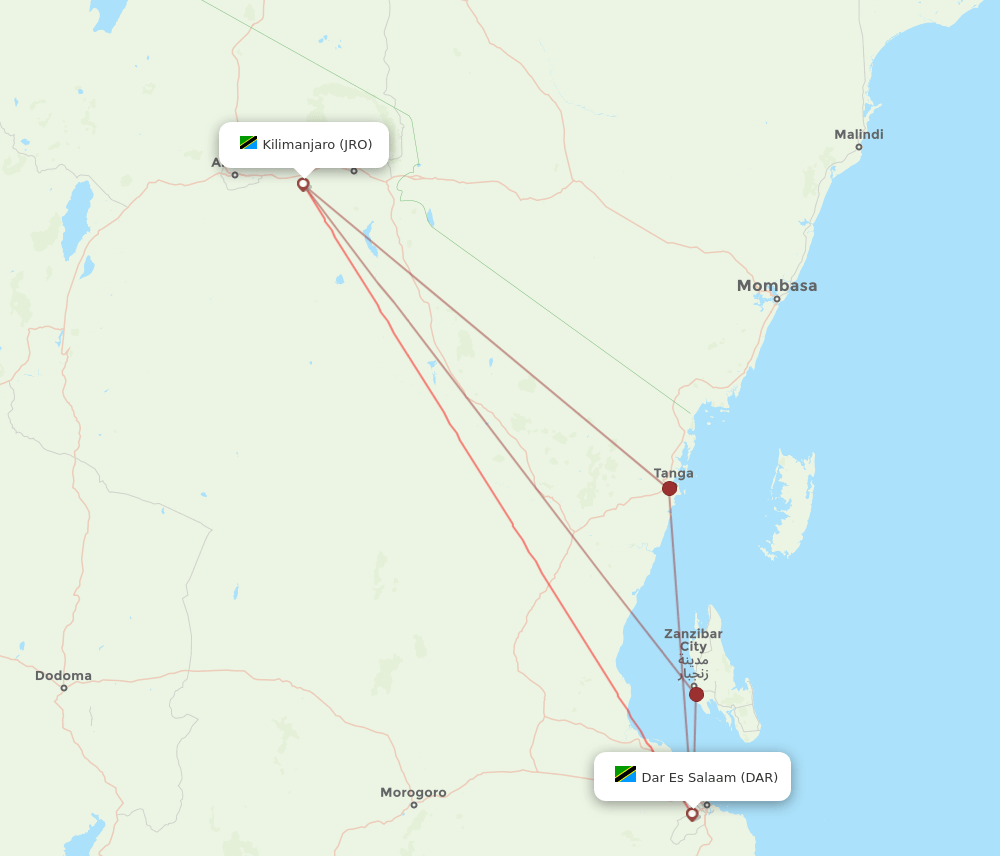 DAR to JRO flights and routes map