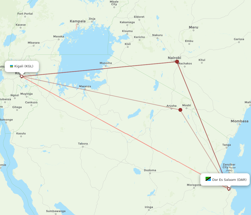 DAR to KGL flights and routes map