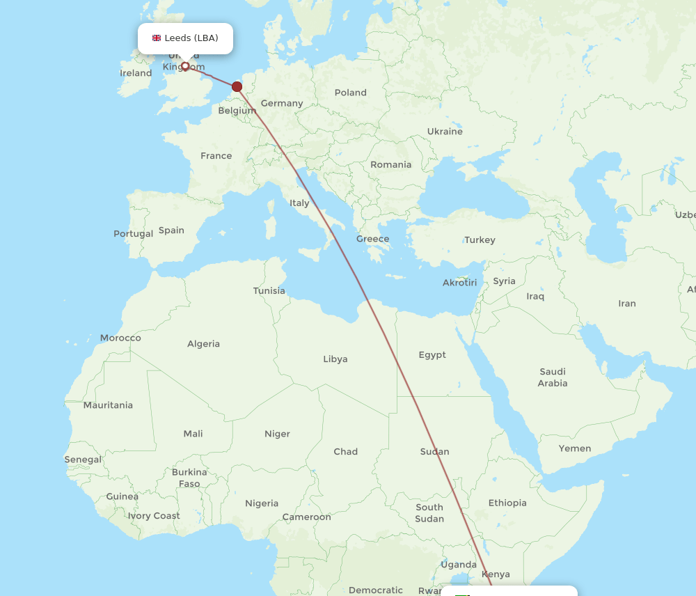 Leeds - Dar Es Salaam route map and flight paths