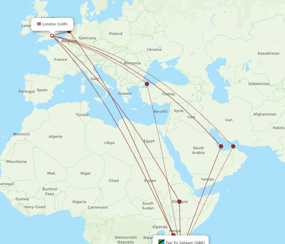 DAR-LHR flight routes